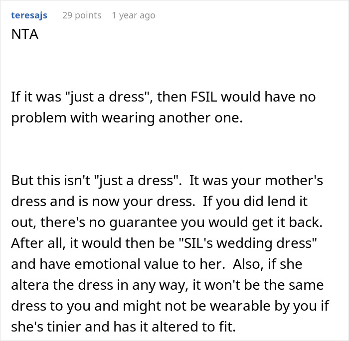 A Reddit comment from teresajs explaining why a dress isn't just a dress in a fiancée tantrum. A Reddit comment from teresajs explaining why a dress isn't just a dress in a fiancée tantrum.