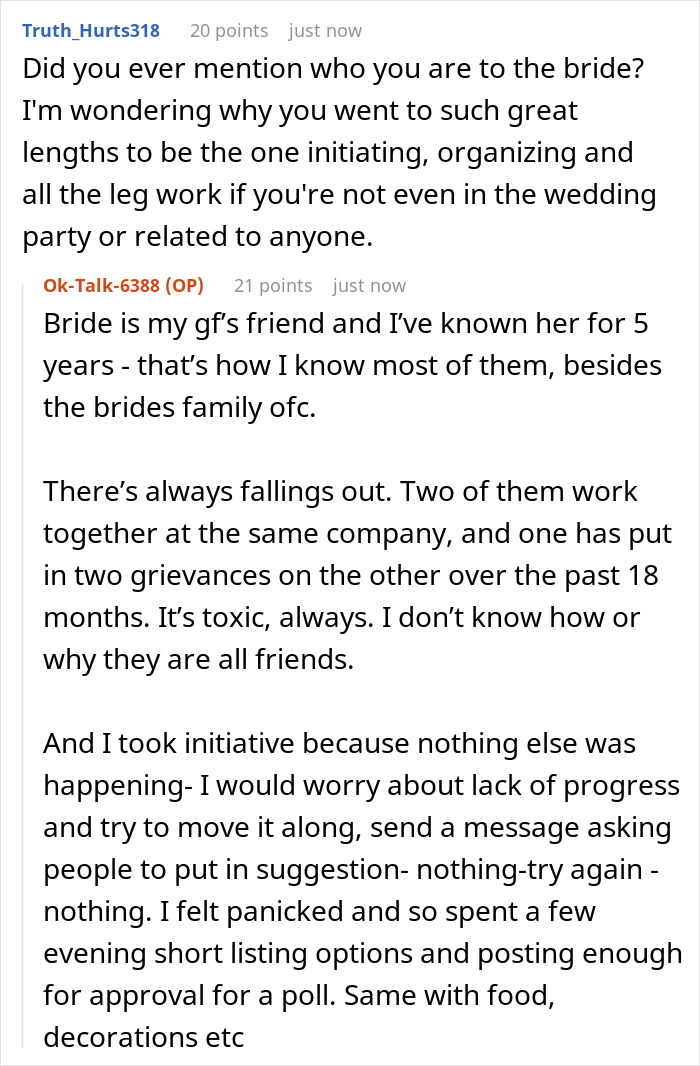 A screenshot showing comments about bachelorette party drama, including family drama and screaming matches. A screenshot showing comments about bachelorette party drama, including family drama and screaming matches.