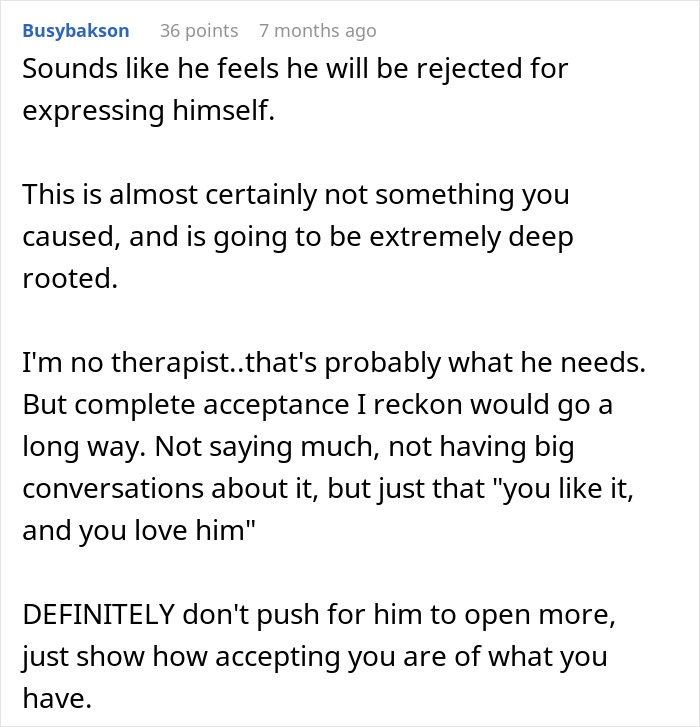 A Reddit comment suggesting acceptance for a husband who may feel rejected, referencing his double life.