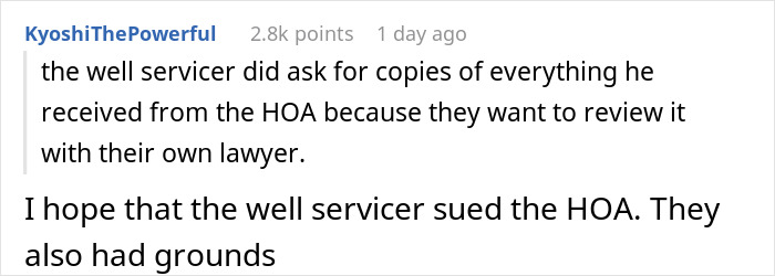 Comment about well servicer reviewing HOA documents with lawyer Comment about well servicer reviewing HOA documents with lawyer