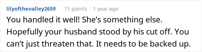 A comment supporting the bride's actions, stating she handled the mother-in-law at the son's wedding well.