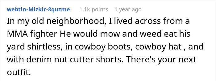A comment suggesting an MMA fighter's shirtless, cowboy-themed outfit to annoy an insecure neighbor.