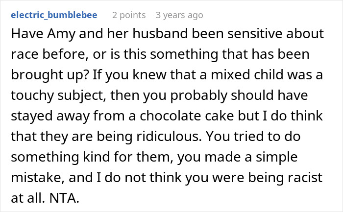 Comment about sensitivity to race in gender reveal chocolate cake choice Comment about sensitivity to race in gender reveal chocolate cake choice