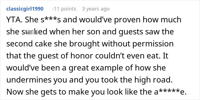 Comment discussing MIL bringing a disruptive cake to son's birthday