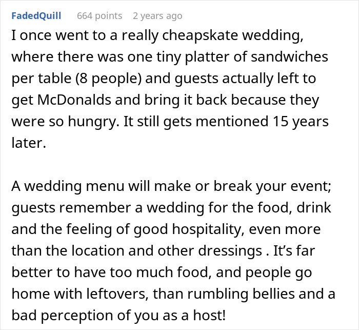 Story about a cheapskate wedding with limited food and lasting negative impression Story about a cheapskate wedding with limited food and lasting negative impression