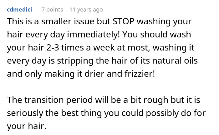 A screenshot of user comments offering advice for a woman's messy hair impacting her job.