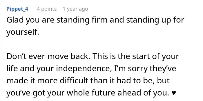 A Reddit comment encouraging the woman to stand firm and not move back home after refusing to follow the rule.