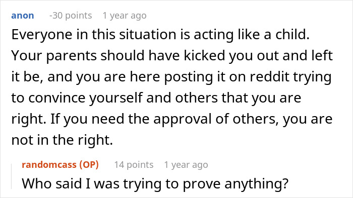 A screenshot of a comment suggesting the woman is acting like a child for refusing to follow one rule.