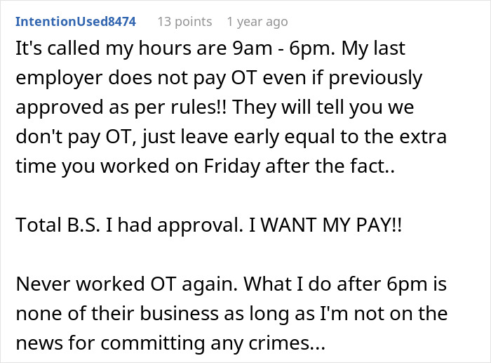 A screenshot of a comment explaining not getting paid for OT, showing a new hire's stand against management's illegal shenanigans.