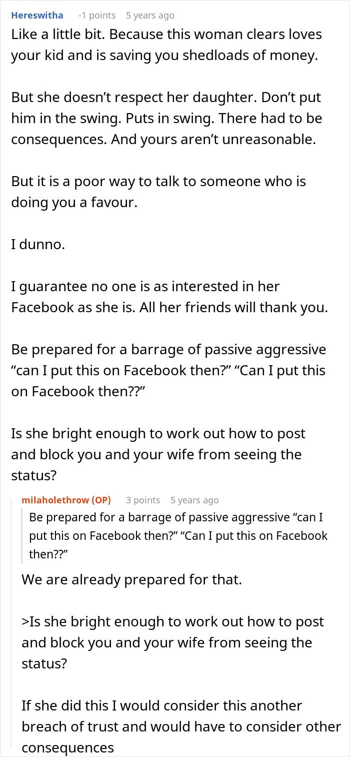 Comments debating respect and boundaries with MIL babysitting child