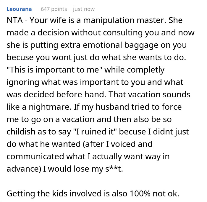 A screenshot showing comments about a husband blindsided by a dreaded annual family trip with in-laws.