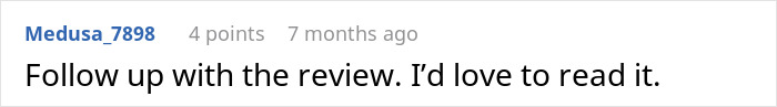 Comment requesting follow-up review for wedding coordinator story