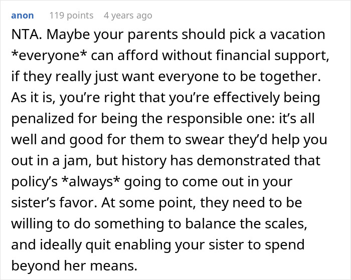 A Reddit comment suggests parents pick a vacation everyone can afford to avoid disrespecting a frugal life. A Reddit comment suggests parents pick a vacation everyone can afford to avoid disrespecting a frugal life.
