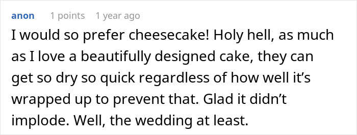 Preference for cheesecake over wedding cake in reflections Preference for cheesecake over wedding cake in reflections