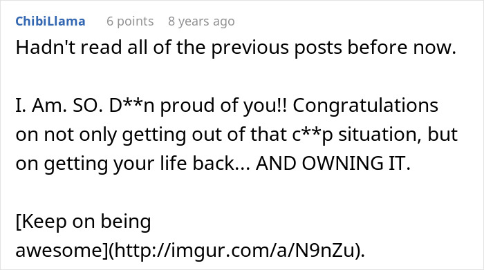 A comment praising someone for getting out of a toxic guy situation and getting their life back, emphasizing freedom.