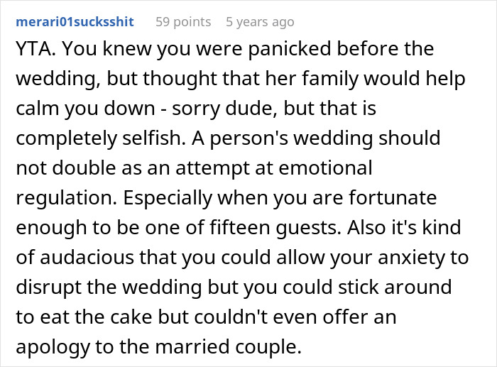 Comment calling man selfish for causing a panic attack at wedding and disrupting wedding Comment calling man selfish for causing a panic attack at wedding and disrupting wedding