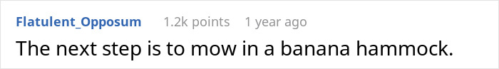 A comment humorously suggesting mowing in a banana hammock, related to the insecure neighbor.