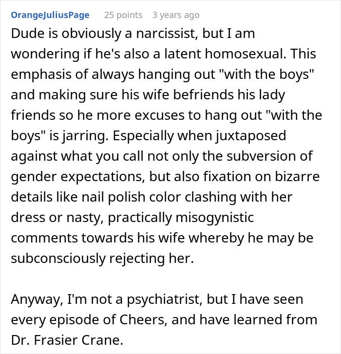 A comment describing the groom as a narcissist and questioning his emphasis on his friends during the wedding.