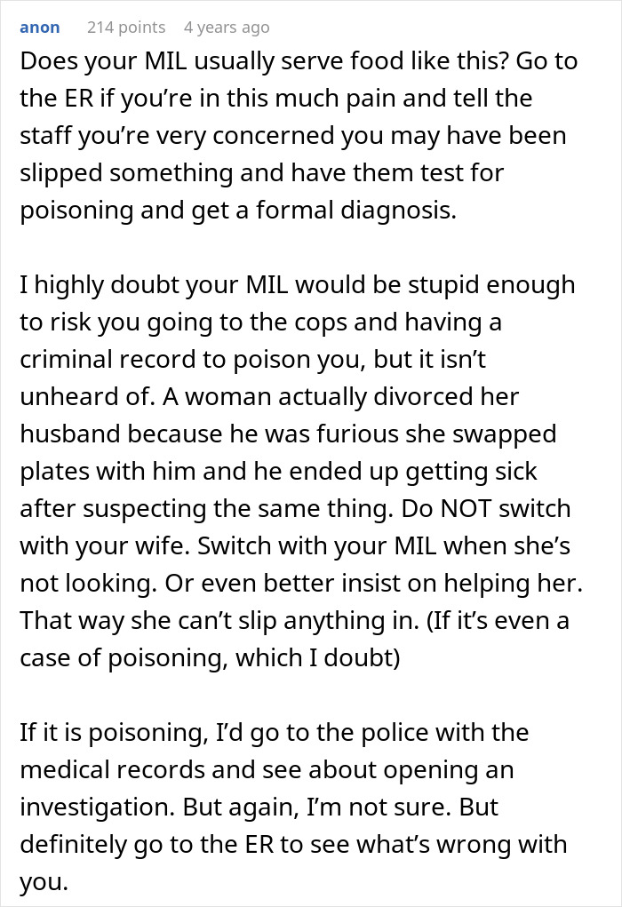 A Reddit comment advising someone who gets violently sick to go to the ER to test for poisoning.