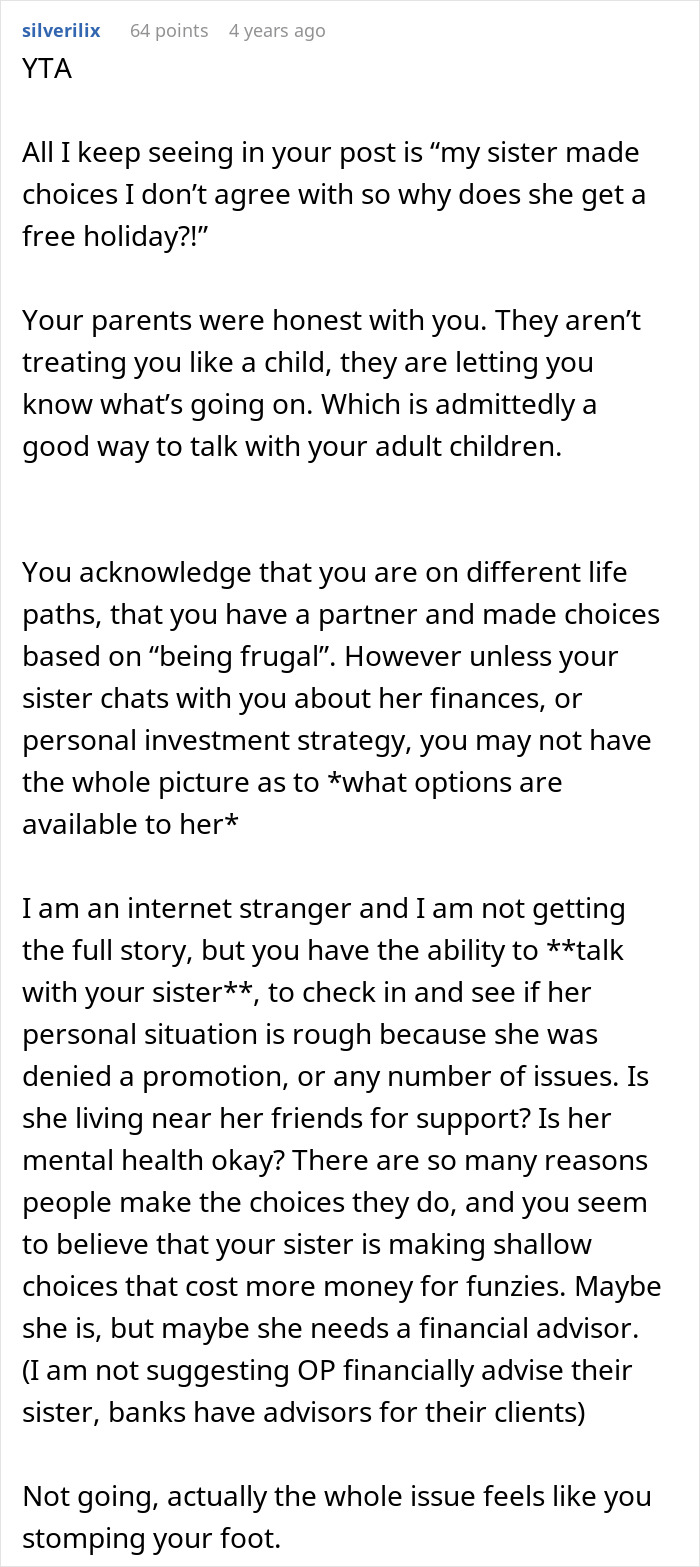 A Reddit comment advises talking to the sister about her personal situation, not disrespecting her life choices. A Reddit comment advises talking to the sister about her personal situation, not disrespecting her life choices.