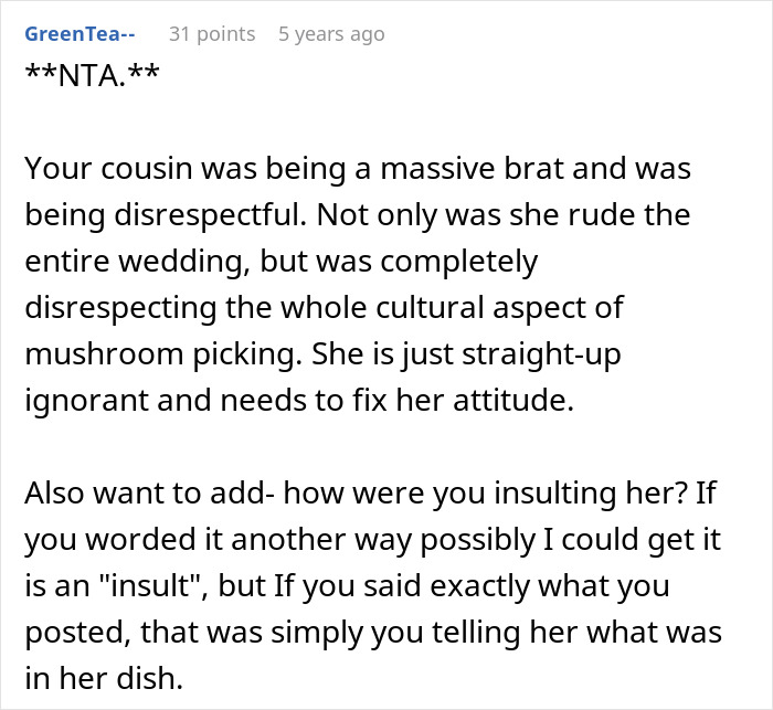 Comment calling cousin brat and disrespectful about mushroom picking in story Comment calling cousin brat and disrespectful about mushroom picking in story