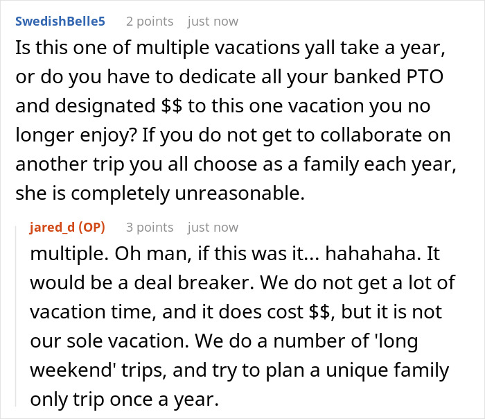 A screenshot shows a user asking about vacation frequency, and the husband's reply about multiple family trips a year.