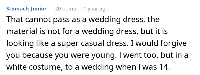 A comment on improper wedding attire, saying the casual dress is not for a wedding, highlighting the wedding mistake. A comment on improper wedding attire, saying the casual dress is not for a wedding, highlighting the wedding mistake.