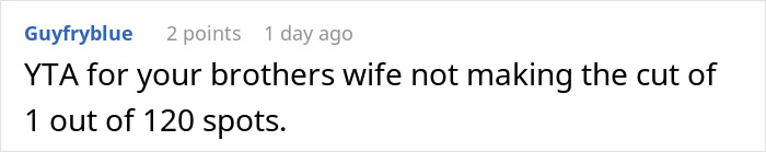 Comment criticizing bride for excluding brother's wife from wedding guest list