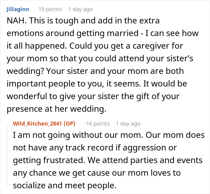 Suggestion to get caregiver for mom with dementia to attend sister's wedding Suggestion to get caregiver for mom with dementia to attend sister's wedding