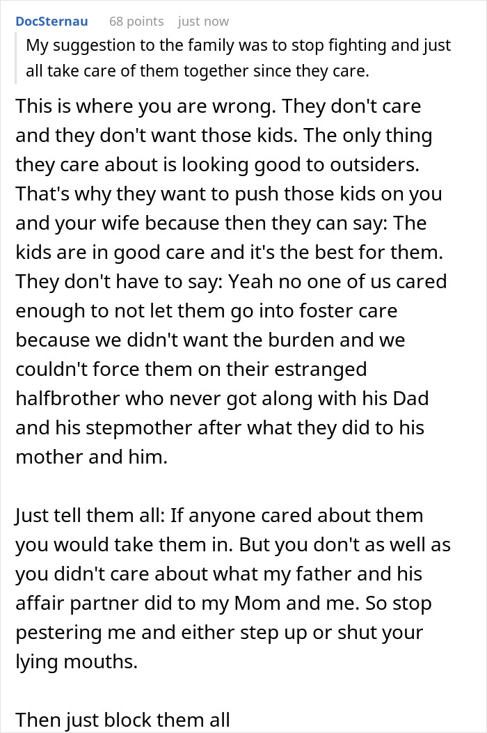 Reddit comment expressing anger about family pushing responsibility for half siblings Reddit comment expressing anger about family pushing responsibility for half siblings