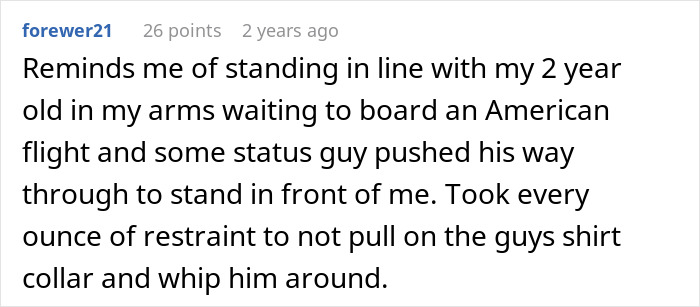 A Reddit comment from forewer21 about a physical altercation at the airport, involving a woman entering the wrong line. A Reddit comment from forewer21 about a physical altercation at the airport, involving a woman entering the wrong line.