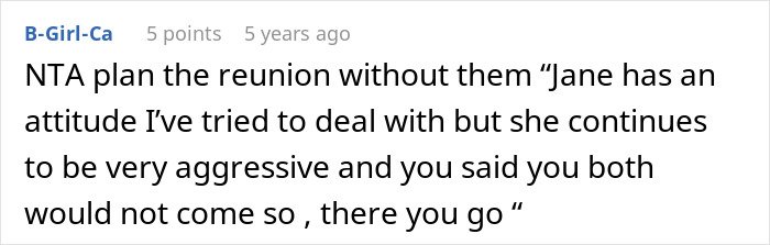 Comment advising to plan reunion without aggressive cousin Comment advising to plan reunion without aggressive cousin