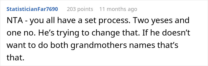 A Reddit comment stating the wife is NTA if the husband is trying to change their process for honoring grandmothers, for a husband wanting to honor his mom.