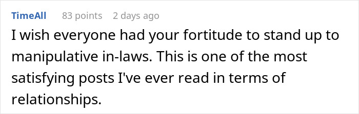 Comment applauding standing up to manipulative in-laws Comment applauding standing up to manipulative in-laws