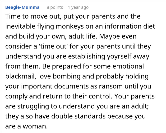 A comment section offering advice to a woman told to leave home after refusing to follow one rule.