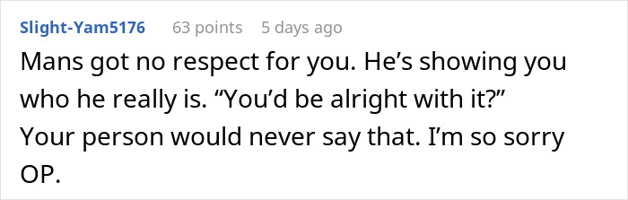 Comment highlighting lack of respect from husband in drunken episode Comment highlighting lack of respect from husband in drunken episode