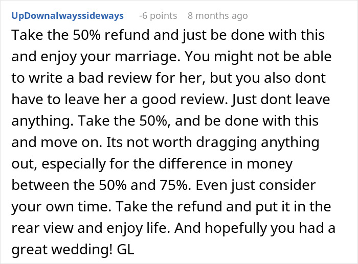 Comment suggesting to take a 50% refund and move on from wedding coordinator cancellation