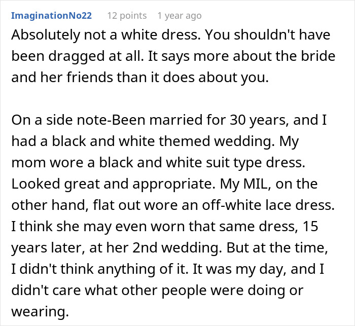 A screenshot showing comments about wedding attire mistakes, with a user discussing a black and white themed wedding and an off-white MIL dress. A screenshot showing comments about wedding attire mistakes, with a user discussing a black and white themed wedding and an off-white MIL dress.