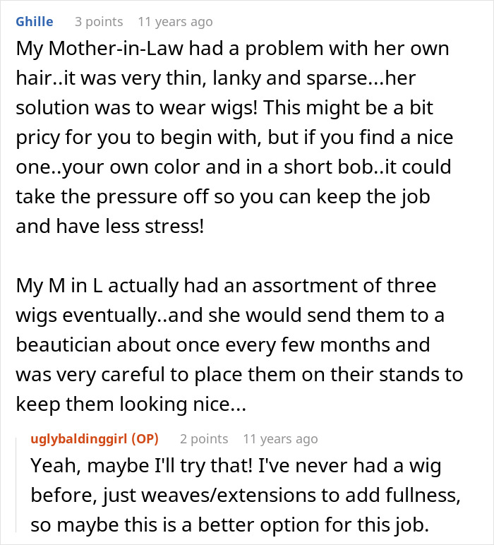 A screenshot showing comments about a woman's messy hair and job being on the line.