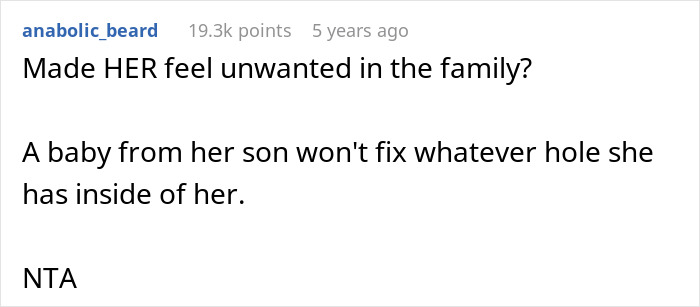 Comment stating a baby won't fix MIL feeling unwanted in family conflict