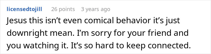 A comment expressing that the groom's behavior at the wedding is mean and not comical.