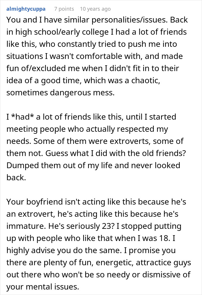 Reddit user's advice for an introverted GF struggling with her boyfriend's birthday bar crawl. Reddit user's advice for an introverted GF struggling with her boyfriend's birthday bar crawl.
