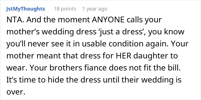 A comment about the brother's fiancée's tantrum over a dress, suggesting to hide the dress. A comment about the brother's fiancée's tantrum over a dress, suggesting to hide the dress.
