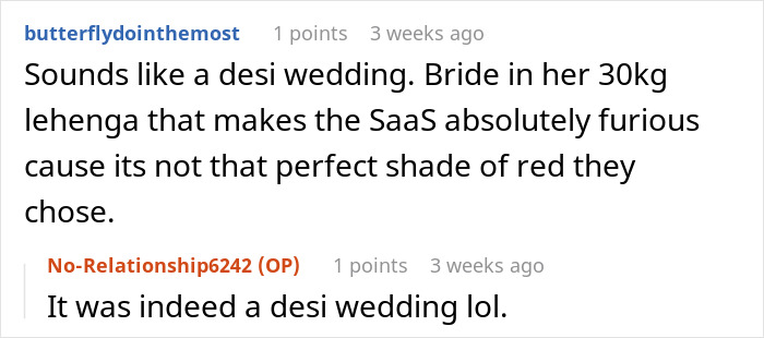 Comments discussing a desi wedding with a heavy lehenga and bride's family reaction