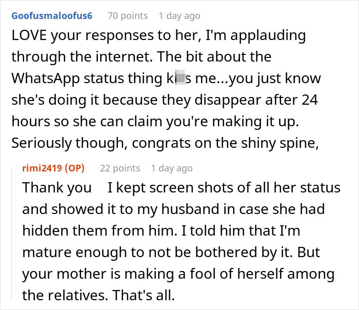 Praise for online responses to MIL's behavior including hidden WhatsApp statuses Praise for online responses to MIL's behavior including hidden WhatsApp statuses
