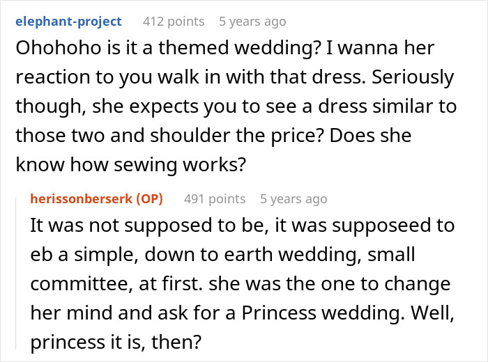 Comment questioning themed wedding and dress expectations