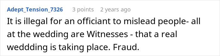 Comment explains wedding officiant misleading guests, calling it fraud