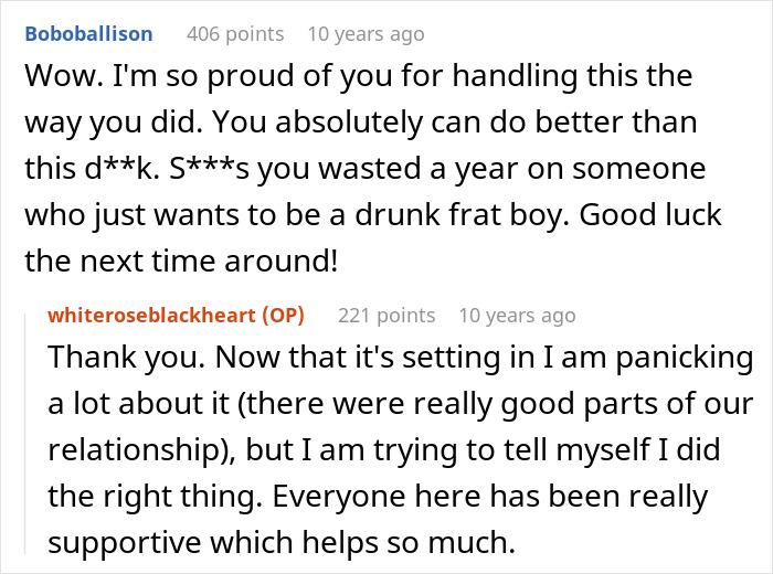 A screenshot of a supportive Reddit comment for the user and their introverted GF's experience at the bar crawl. A screenshot of a supportive Reddit comment for the user and their introverted GF's experience at the bar crawl.