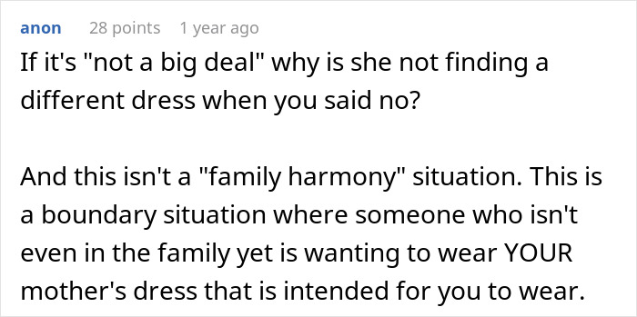 A Reddit comment from anon about a fiancée tantrum, emphasizing a boundary situation over a dress. A Reddit comment from anon about a fiancée tantrum, emphasizing a boundary situation over a dress.