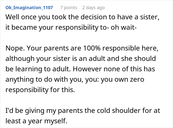 Comment on sister responsibility and family dynamics in a betrayal story